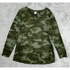 Chicos Zenergy Top Womens 12 Green Camo Scoop Neck Long Sleeve Knit Cotton Modal